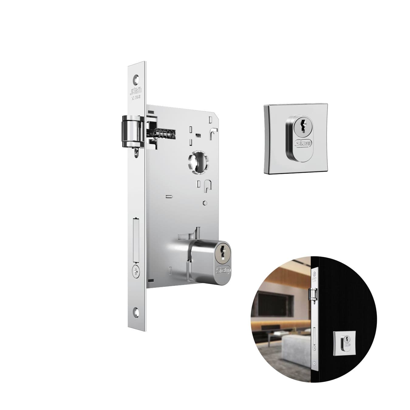 Fechadura Rolete Cromada Quadrada Para Porta Residencial Pivotante Externa de 30 A 40 Mm 1601 Stam